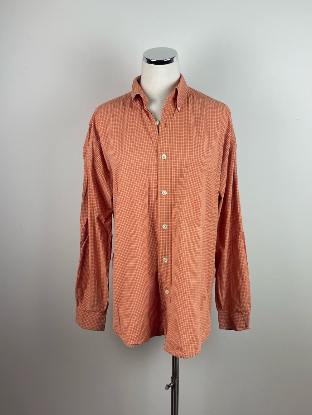 Structure Orange White Plaid Collared Button Down Shirt Men Medium Cotton